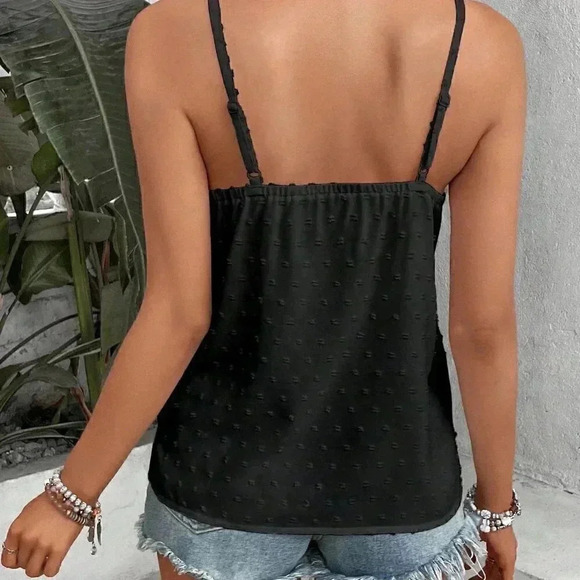 Black Boho Womens Swiss Dot Contrast Lace Cami Top - Picture 2 of 5